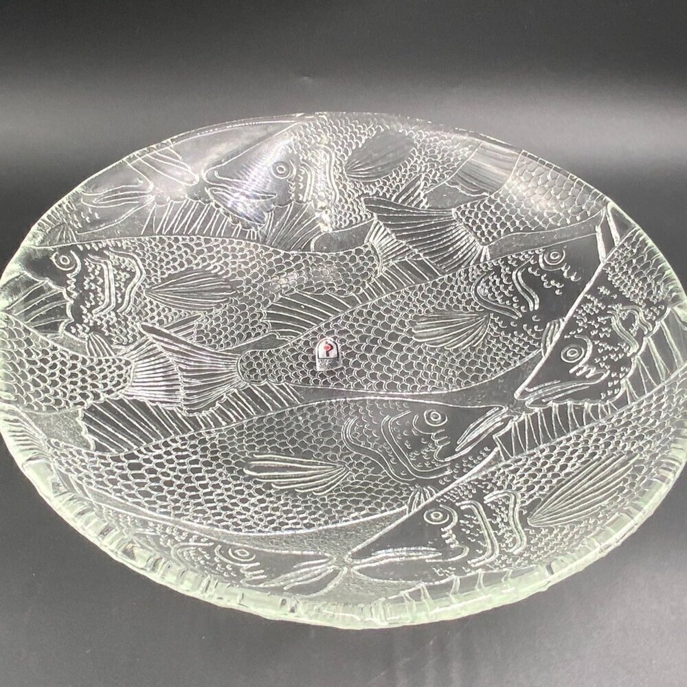 Vtg Pilgrim Glass 13" Serving Bowl Round Embossed Fish Textured Clear with Label